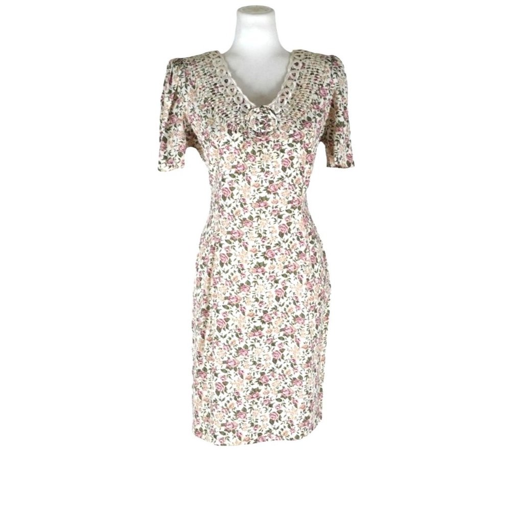 Vintage Paquette Too! Floral Dress with Rosette and Lace Collar Garden Cottage T - Picture 1 of 14